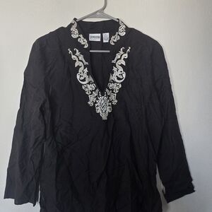 Chico’s Brown Embroidered Tunic Top Boho Peasant Cotton Classic Blouse Size 1